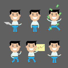 Set Of Modern businessman cartoon character in flat design, wearing casual clothing, presentation with laptop, graphic white board, show the start-up company profits, best for presentation template