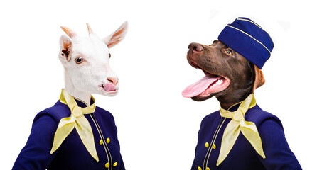 Funny portrait of a goat and dog in stewardess costumes isolated on white background