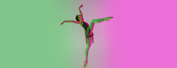 Flyer, copyspace. Young and graceful ballet dancer isolated on gradient pink-green studio...