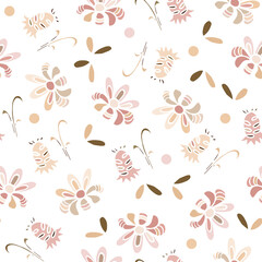 VVector seamless floral pattern in cartoon style, in pastel flesh tones, bell flowers and decorative flowers on the surface in random order isolated on a white background.