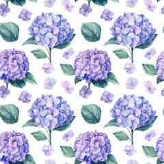 Floral seamless pattern, blue hydrangea flowers, watercolor painting