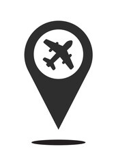 Obraz premium Black and white airport map pin pointer mark icon vector sign, plane place on map position idea, airplane travel departure location pictogram