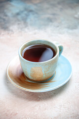 front view cup of tea on a light background tea ceremony breakfast