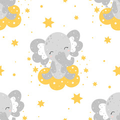 Cute childish seamless pattern with baby elephant sitting on a cloud with stars and abstract dots around. Hand drawn Scandinavian style vector illustration.