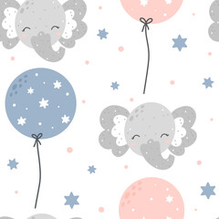Cute childish elephant seamless pattern with balloons. Hand drawn Scandinavian style vector illustration.