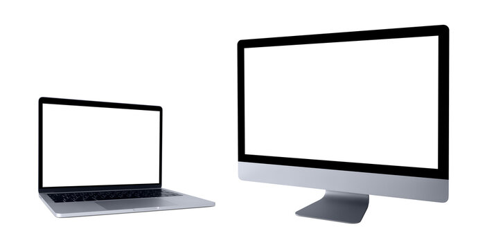 Set of computer and laptop isolated on white background