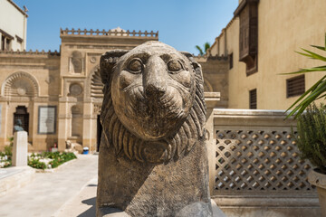 Lion statue in front of Coptic Museum in Cairo, Egypt with the largest collection of Egyptian Christian artifacts in the world. Founded by Marcus Simaika in 1908.