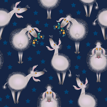 The stylized image of sheep. Humor. Seamless pattern. Vector graphics