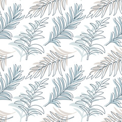 Seamless pattern with Palm tree and tropical leafs on white, Exotic floral design element, foliage. Summer graphic. Jungle nature. Vector EPS 10 illustration