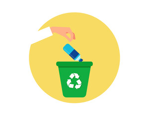 A hand throw plastic bottle into recycle bin.  Pollution trash recycling management concept. Cartoon vector style for your design.