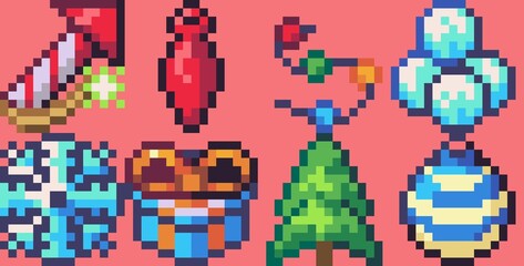 Pixel Art Christmas Items Illustration containing gifts and christmas decorations