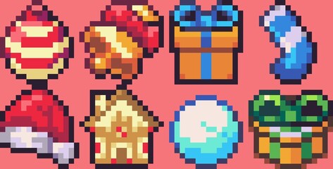 Pixel Art Christmas Items Illustration containing gifts and christmas decorations