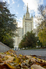 Russia, Moscow - 15.10.2020: One of the seven Stalinist skyscrapers. Residential building on Kudrinskaya Square (Vosstaniya Square).