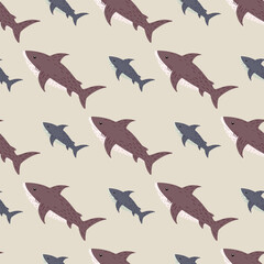 Pastel seamless hand drawn shark pattern in underwater animal style. Light beige background.