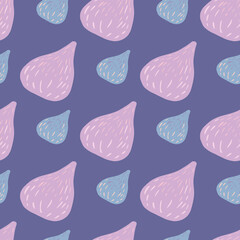 Pastel palette seamless pattern with purple and blue colored fig elements. Exotic backdrop.