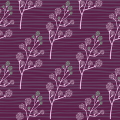 Seamless pattern with decorative hand drawn blackberry ornament. Purple print with striped background.