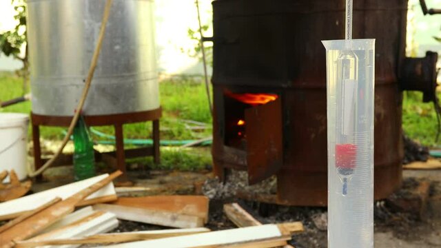Man is using glass alcoholmeter for determining the amount, concentration of alcohol in liquor. Sample is placed in laboratory graduated cylinder.
