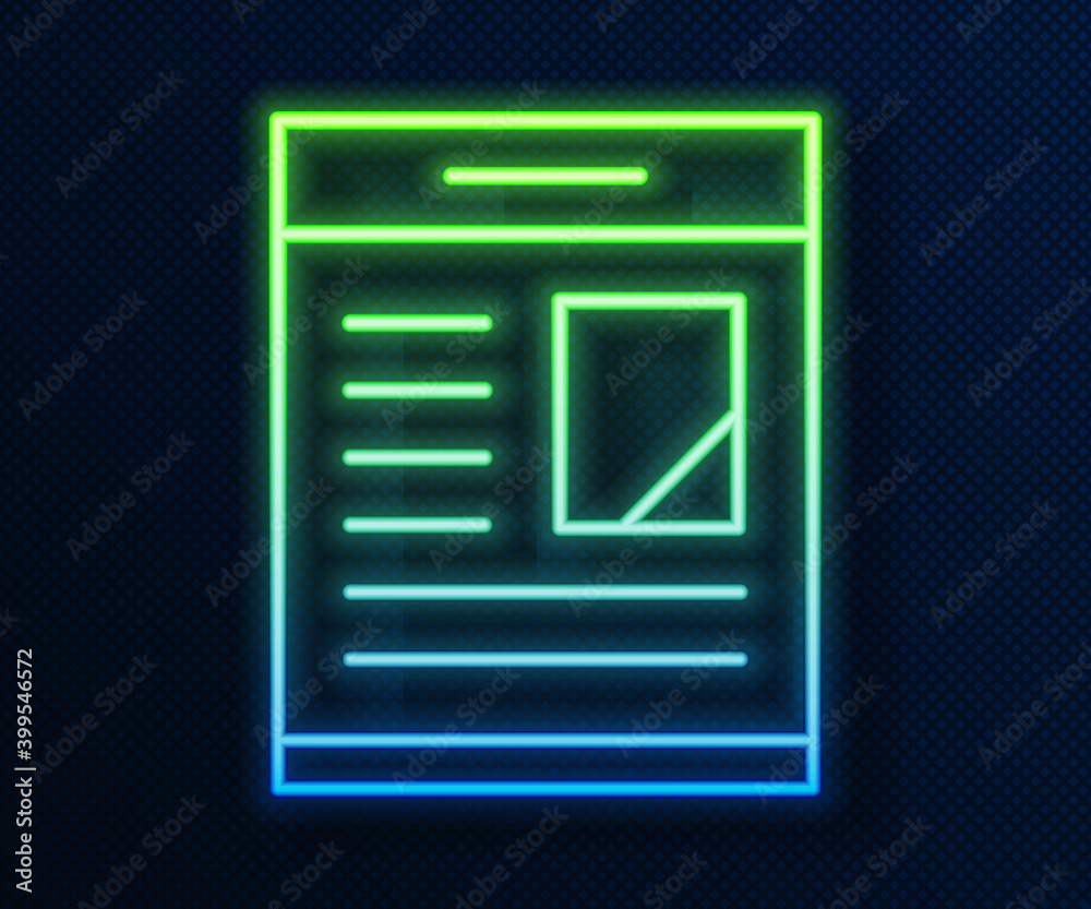 Sticker Glowing neon line Newspaper advertisement displaying obituaries icon isolated on blue background. Vector.