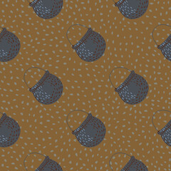 Wizardy pot cauldron elements seamless pattern. Purple ornament on brown dotted background.
