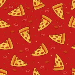 Pizza slice seamless pattern with mozzarella on dark background
