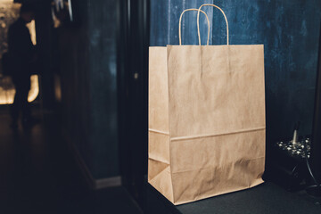 dessert paper bag waiting for customer cafe restaurant, takeaway food, small business owner.