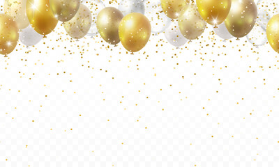 Balloon seamless border with shiny gold glitter and confetti isolated on transparent background. Vector realistic golden festive 3d helium baloons banner for anniversary, birthday party design - obrazy, fototapety, plakaty