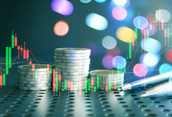 Stack of money coin with forex trading graph, financial investment concept use for background