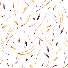 Watercolor seamless forest pattern with seeds and leaves on a white background