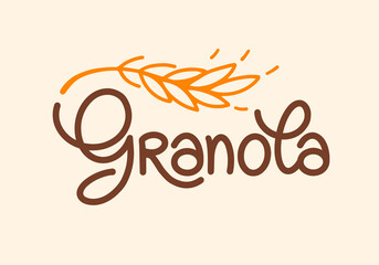 Granola logo vector template. Lettering composition and stylized spikelet. Handwritten calligraphy isolated on light background. Healthy food logotype