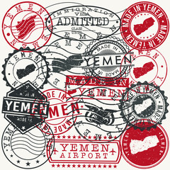 Yemen Set of Stamps. Travel Passport Stamp. Made In Product. Design Seals Old Style Insignia. Icon Clip Art Vector.