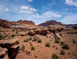 Fototapeta premium Amazing sandstone monoliths in a barren desert prairie on a blue partly cloudy summer day at Capitol Reef National Park in Torrey Utah