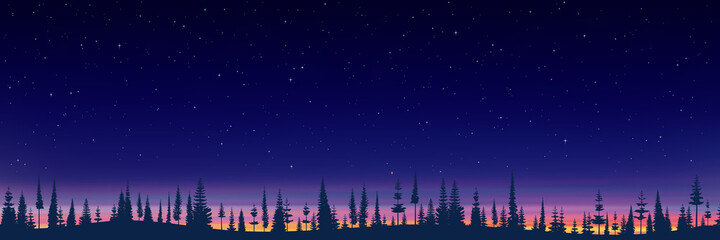Forest on the horizon and stars in the sunset sky. Vector illustration.	