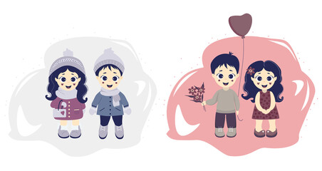 A pair of children - a boy and a girl in winter and summer clothes on a decorative background. Vector illustration. Kids winter and spring - seasons and people. Cute baby collection for design