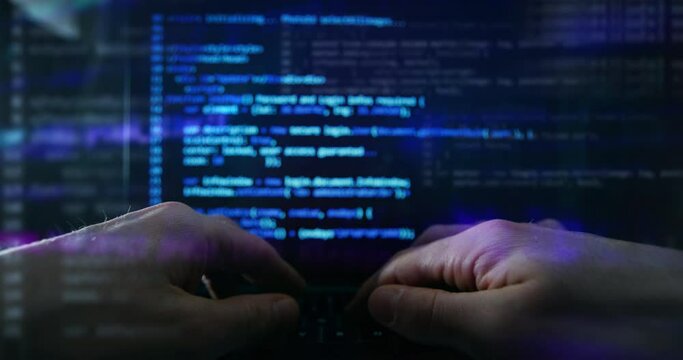 Cinematic close up shot of programmer's hands typing codes on keyboard of innovative sophisticated technology computer with augmented reality holograms.Concept of programming, hacking, coding, future.