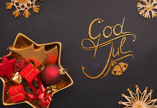 God Jul, Scandinavian Merry Christmas with golden and red Christmas decoration
