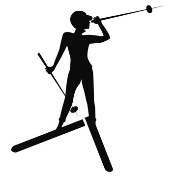 Skier, woman silhouette, front view - isolated, black on white background - vector. Winter sport.