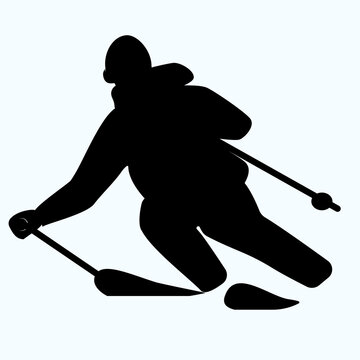 Skier, downhill - isolated, black on white background - vector. Winter sport.