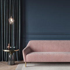 Living room interior in dark blue with a pink sofa and a gold…