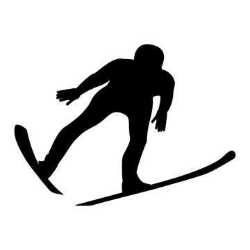 Skier jumping from a height, in front - isolated, black on white background - vector. Winter sport.