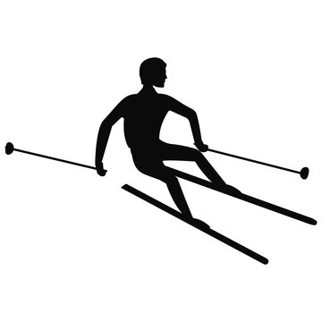 Skier, silhouette, descent from a height, profile view - isolated, black on white background - vector. Winter sport.
