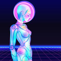 Portrait of robot android woman in retro futurism style. Vector illustration . of a cyborg in glowing neon bright colors. futuristic synth wave flyer template. Cyber technology.