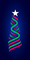 Red and green zigzag stripes and a white star. Star takes off. Ribbons as a Christmas tree. Xmas and New Year symbols.