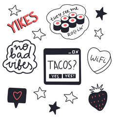 Funny vector stickers. Sushi rolls, tacos, Wifi illustrations. they see me rollin, no bad vibes, strawberry, like, yikes, stars. Isolated clip art doodle patches stickers or pins n 80's 90's style