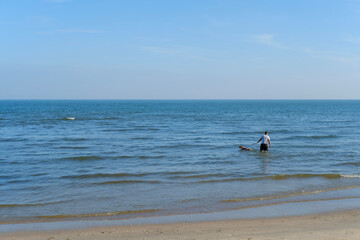 Fototapeta premium walking a dog on the beach