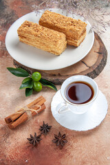 front view delicious cake slices with cup of tea on light background sweet biscuit cake pie