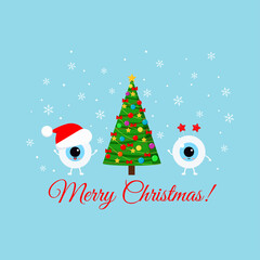 Cute eye with christmas tree on ophthalmology greeting card.  Winter eyeball emoji in santa hat and with star Merry Christmas photo props. Flat design cartoon style xmas vector illustration.