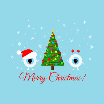 Cute eye with christmas tree on ophthalmology greeting card.  Winter eyeball emoji in santa hat and with star Merry Christmas photo props. Flat design cartoon style xmas vector illustration.