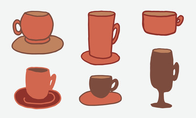 Doodle coffee cups illustration. Simple outline drawing. Morning drink for breakfast. Hand drawn design element