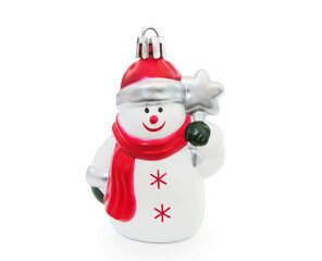 Christmas toy Snowman of white color with a red scarf Isolated on white background side view.