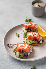 Mini open sandwiches with smoked salmon, cream cheese, cucumber and microgreen on rye bread, grey stone background. Appetizer with salmon and cheese cream sauce.